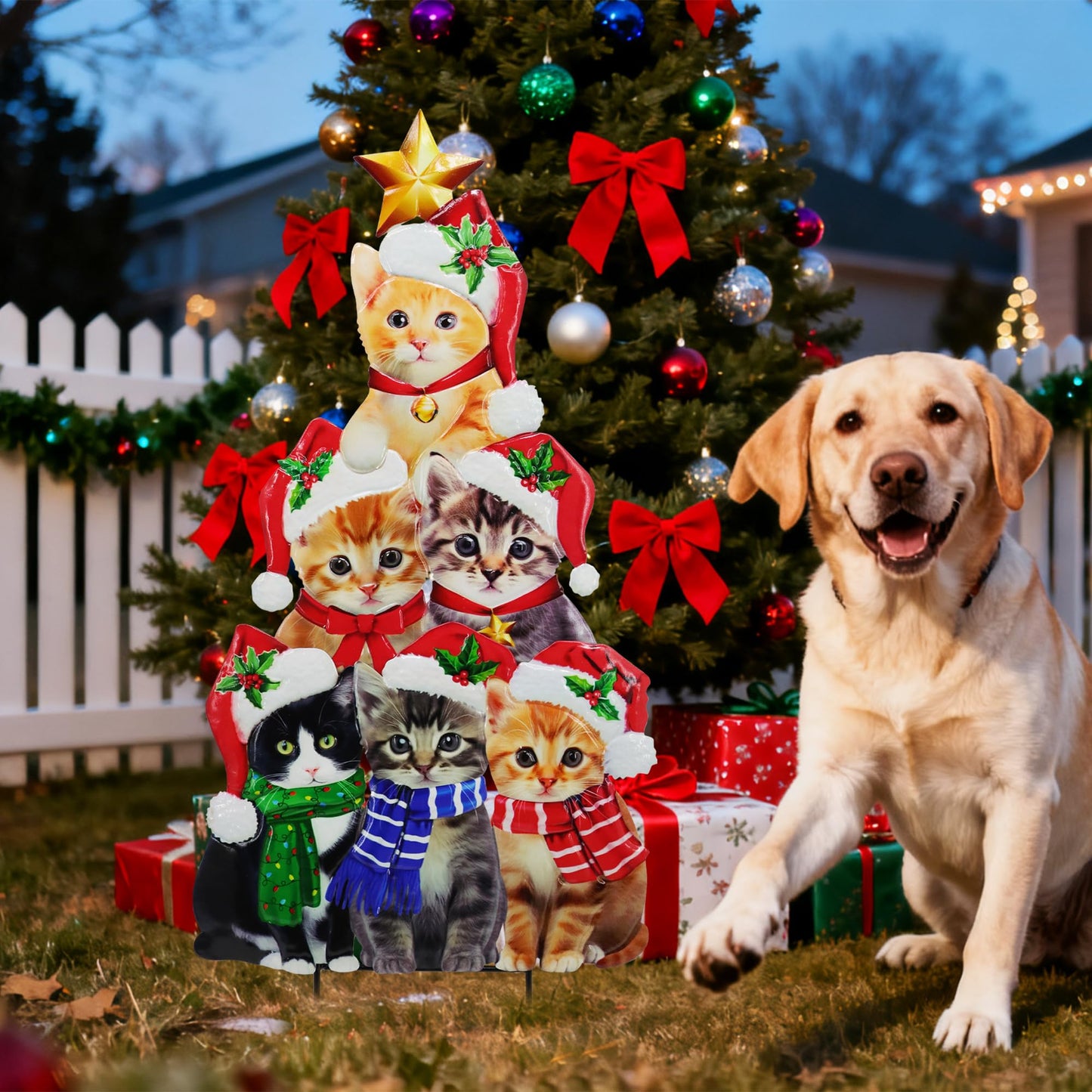 Cute cat Garden Insert, Christmas Art Decoration Yard Sign, Santa hat-Wearing Post, cat Stacking Fun Christmas Tree-Shaped pet Post, Outdoor Lawn Decoration