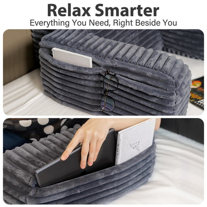 ENITYA 22" XL Back Pillow for Bed Sitting Up, Reading Pillow with Armrests & Big Pockets, Soft Back Support Chair, Ideal for Watching TV, Gaming, Nursing, Resting, Post Surgery, Dark Grey