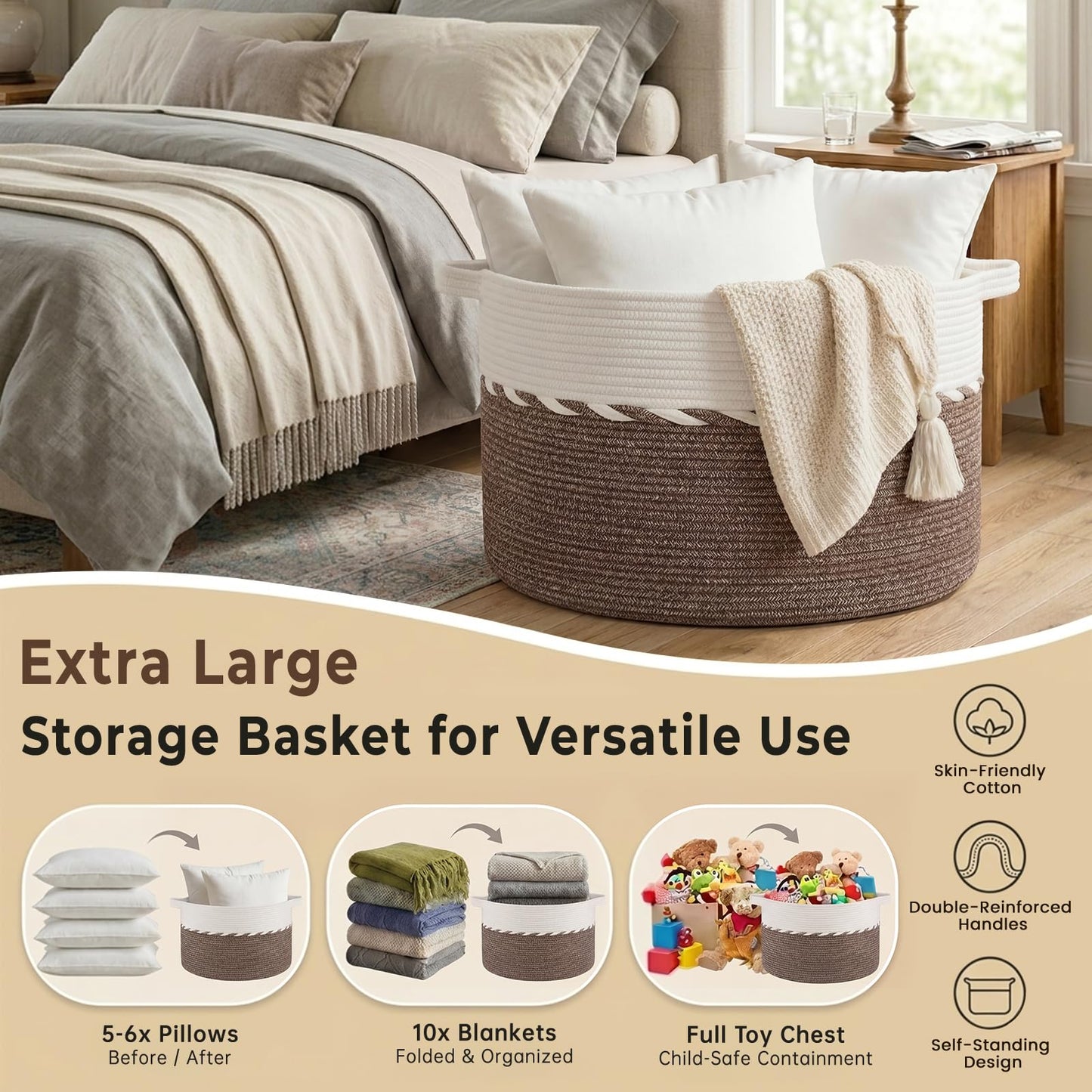 OIAHOMY 90L Extra Large Blanket Basket - Decorative Cotton Rope Storage Basket for Bedroom, Living Room & Nursery - Woven Laundry Hamper for Organizing Blankets, Clothes & Toys - Brown & White