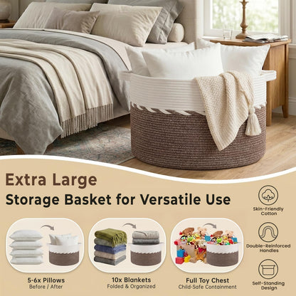 OIAHOMY 90L Extra Large Blanket Basket - Decorative Cotton Rope Storage Basket for Bedroom, Living Room & Nursery - Woven Laundry Hamper for Organizing Blankets, Clothes & Toys - Brown & White
