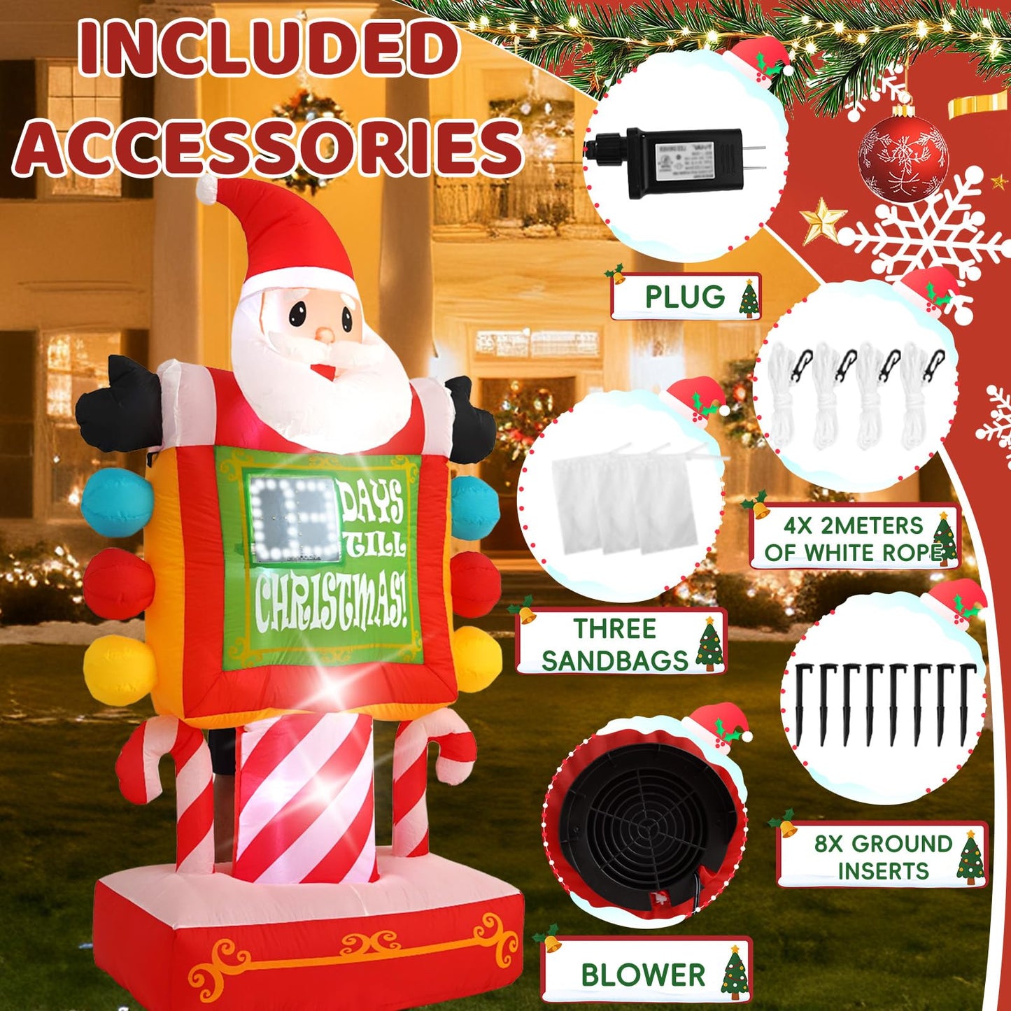 InfleasJoiy 7FT Santa Claus Countdown Street Sign Inflatable Decoration with Built-in LED Lights, Christmas Outdoor Inflatable Decoration for Lawns, Yards, Gardens, and Patios