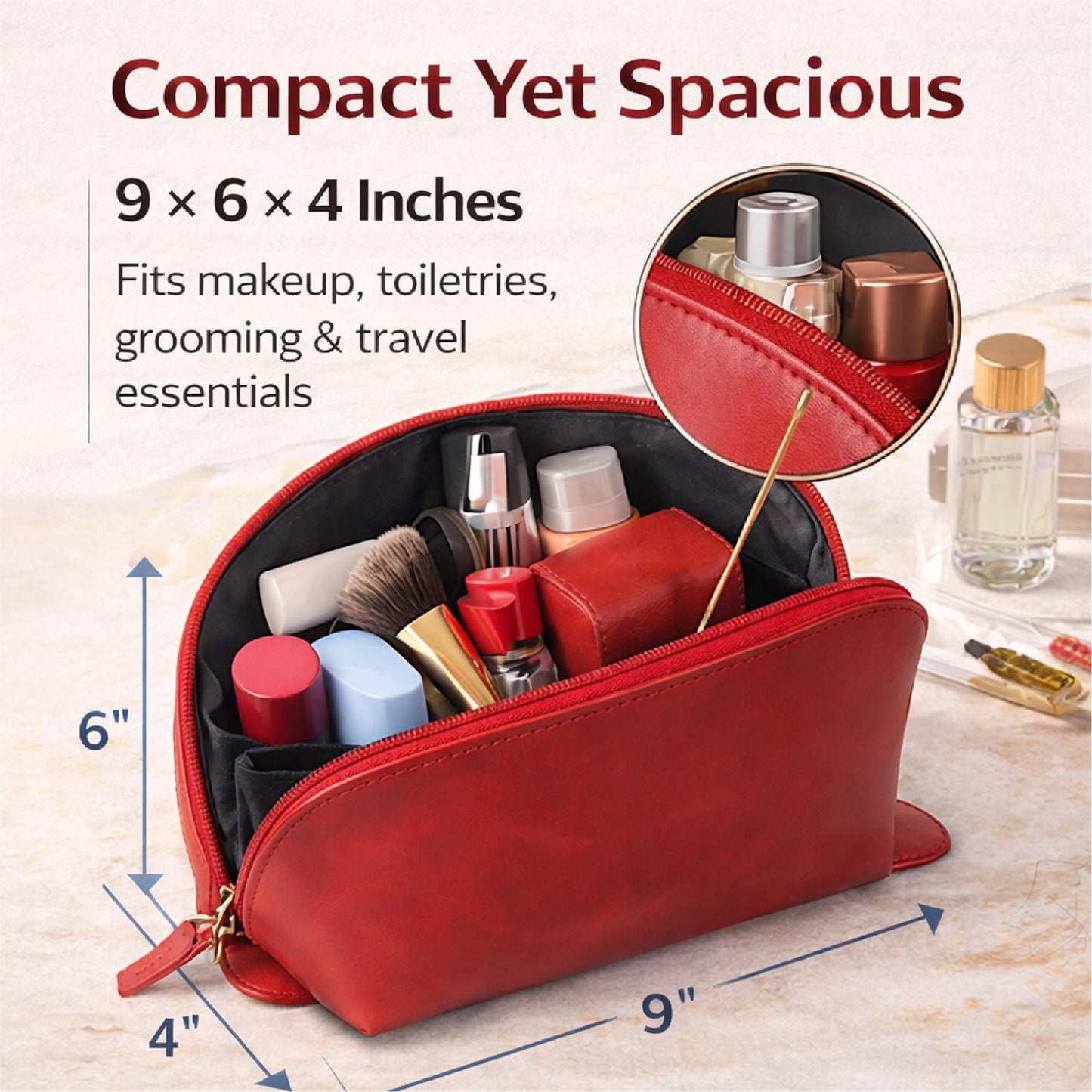 TheAntiq Genuine Leather Toiletry Bag for Men & Women, Leather Makeup Bag, Travel Dopp Kit Organizer with YKK Zipper, Handmade Cosmetics Case for Toiletries & Makeup (9 x 6 x 4 Inch)