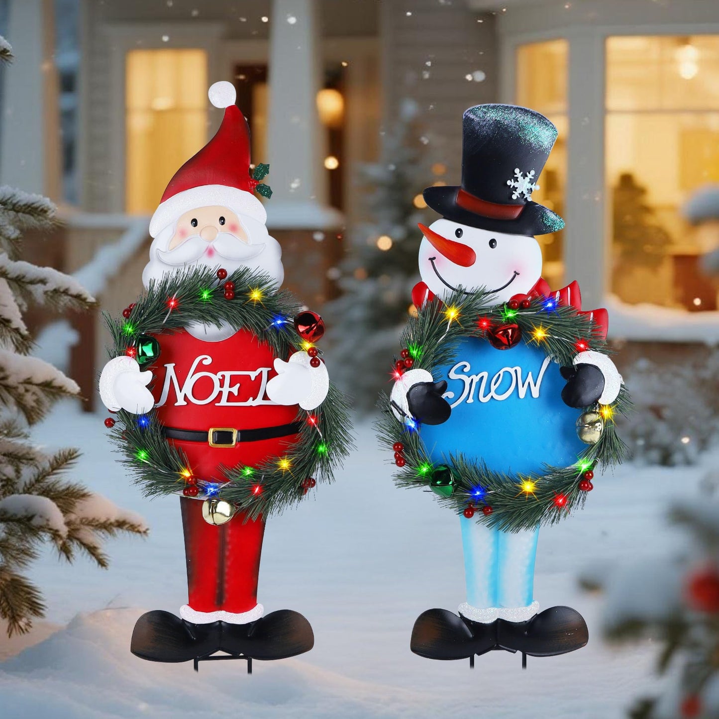Stentec Lighted Christmas Decorations Outdoor, 2 Pack 30" Height Santa & Snowman Xmas Yard Signs Metal Garden Stakes with LED Lights, Battery Powered for Holiday New Year Winter Walkway Patio Lawn
