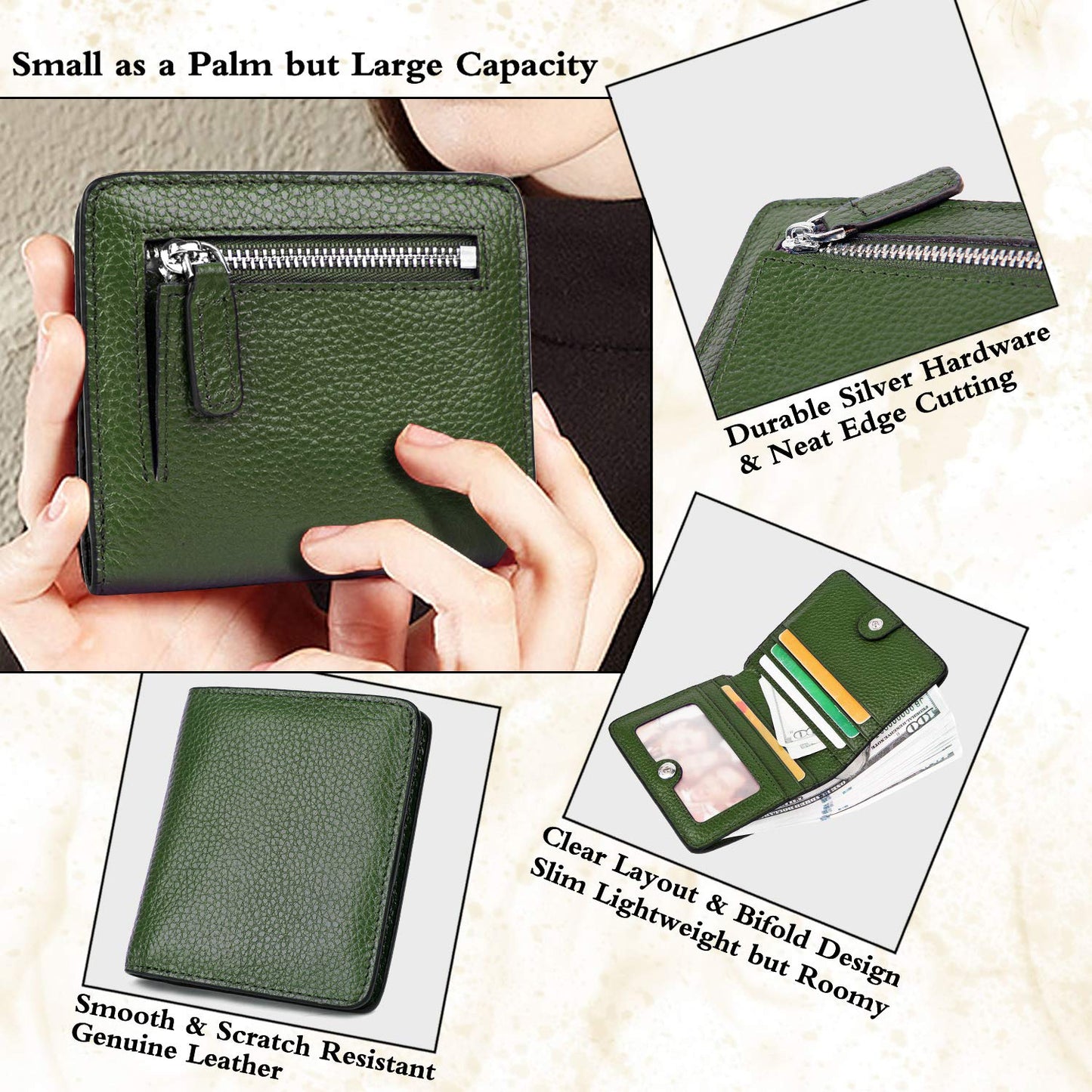 AINIMOER Small Leather Wallet for Women, Ladies Credit Card Holder RFID Blocking Women's Mini Bifold Pocket Purse, Green