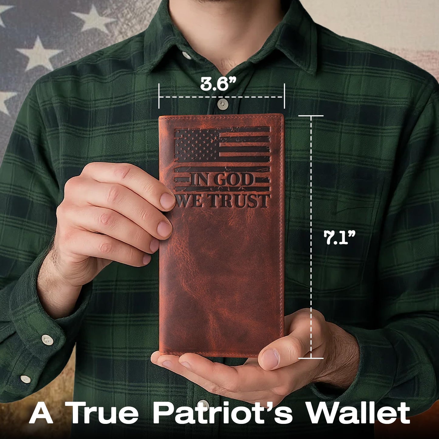 American Flag Long Wallet for Men - Western Wallets for Men with ‘IN GOD WE TRUST’ – Distressed Full Grain Leather – RFID Blocking Long Bifold Cowboy Wallet – Patriotic Father's Day (7 Inches)