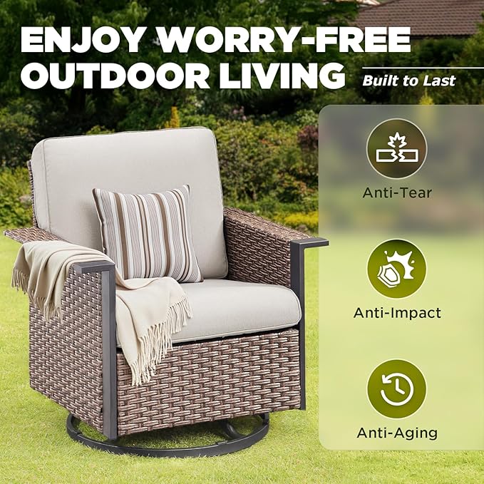 Outdoor Patio Furniture Set Swivel Chairs-7 Pieces All-Weather Wicker 3 Seater Sofa with 2 Ottomans Rattan Side Table, Wicker Sofa Outdoor Furniture for Porch Deck Backyard Brown/Beige