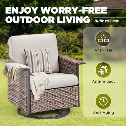 Outdoor Patio Furniture Set-9 Pieces All-Weather Wicker 3 Seater Sofa with Swivel Rocker Patio Chairs Set of 4, Wicker Outdoor Conversation Sets for Porch Deck Backyard Garden Brown/Beige