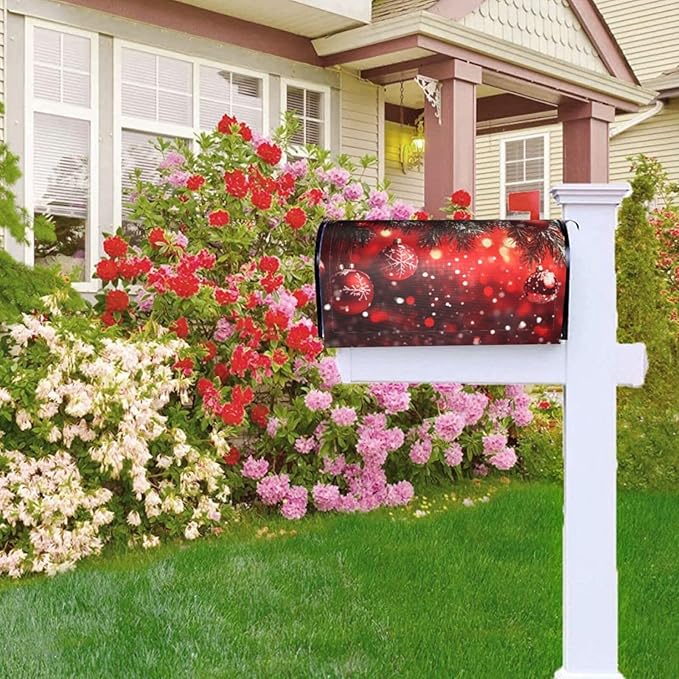 Festive Magnetic Mailbox Cover Red Christmas Ball Pattern Outdoor Mailbox Protector Holiday Seasonal Decorative Garden Yard Home Standard Size 21 x 18 Inch