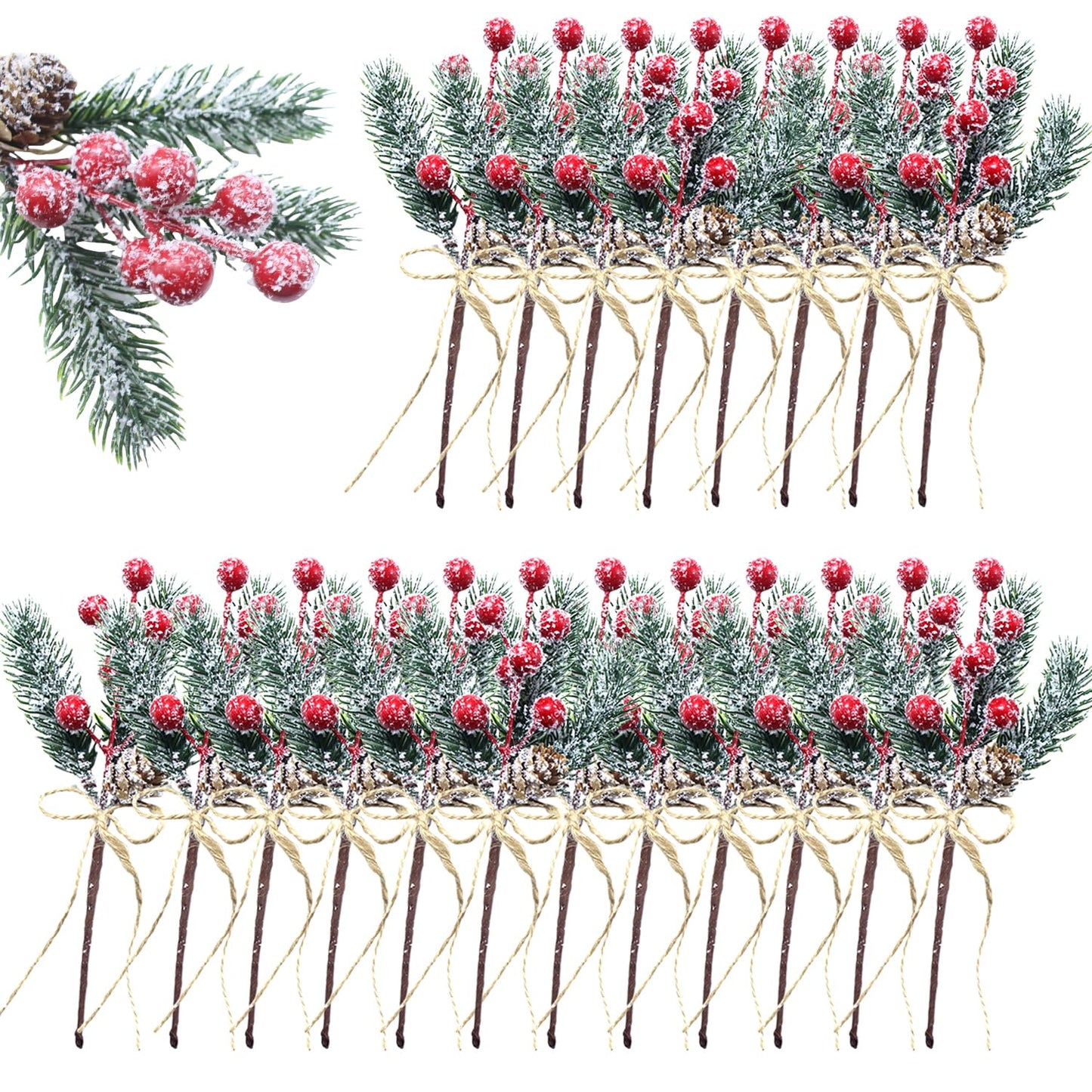 Christmas Floral Picks and Sprays, Pine Cones for Crafts, 20 Pack 8 Inch Christmas Flowers Picks, Red Berry Stems, Artificial Greenery for Holiday Wreaths, Garlands, Crafts, Gift Wrap (20)
