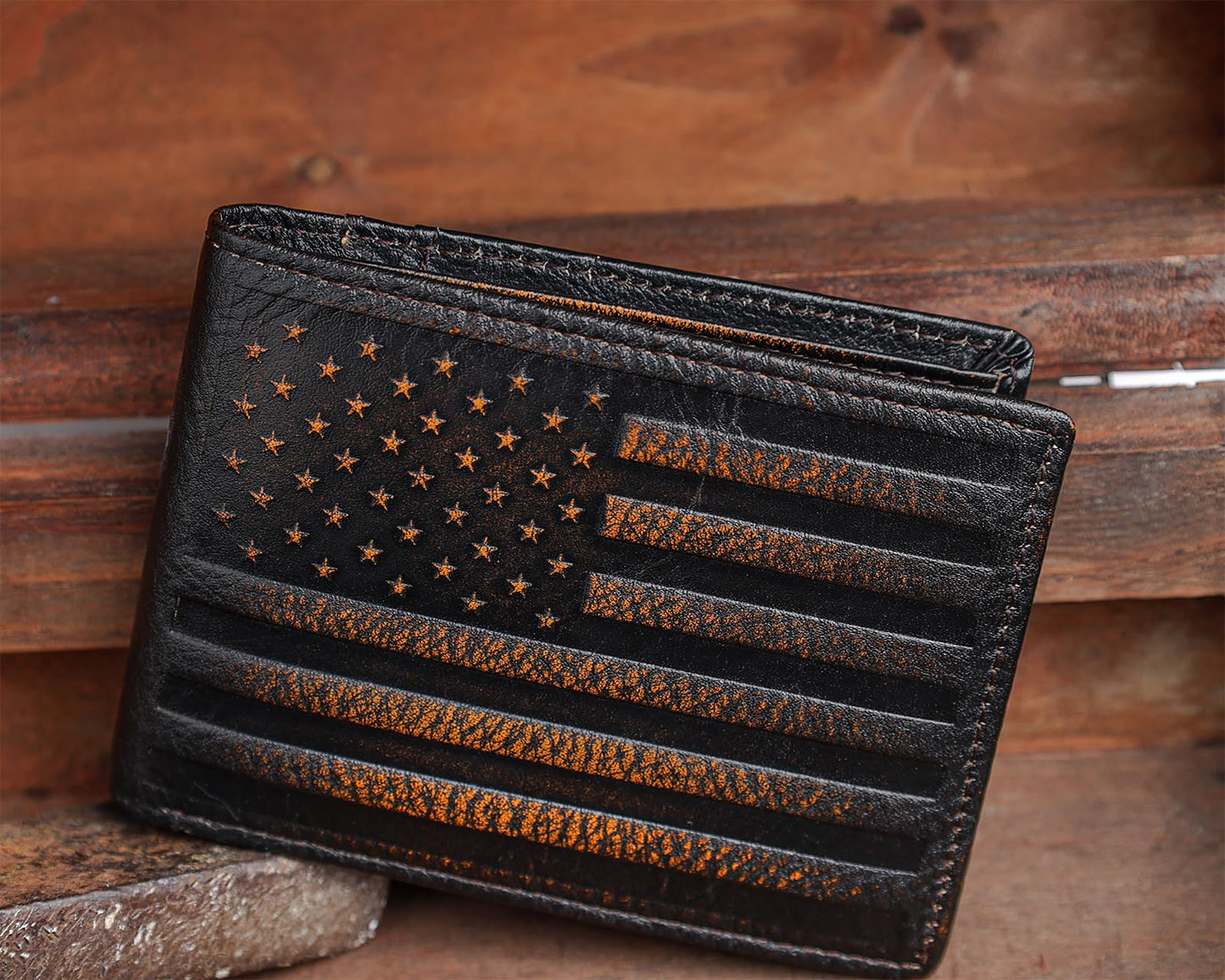 DK86 Wallet for Men Slim Rfid Bifold Genuine Leather 2 ID Window With Gift Box (black brown with US flag)