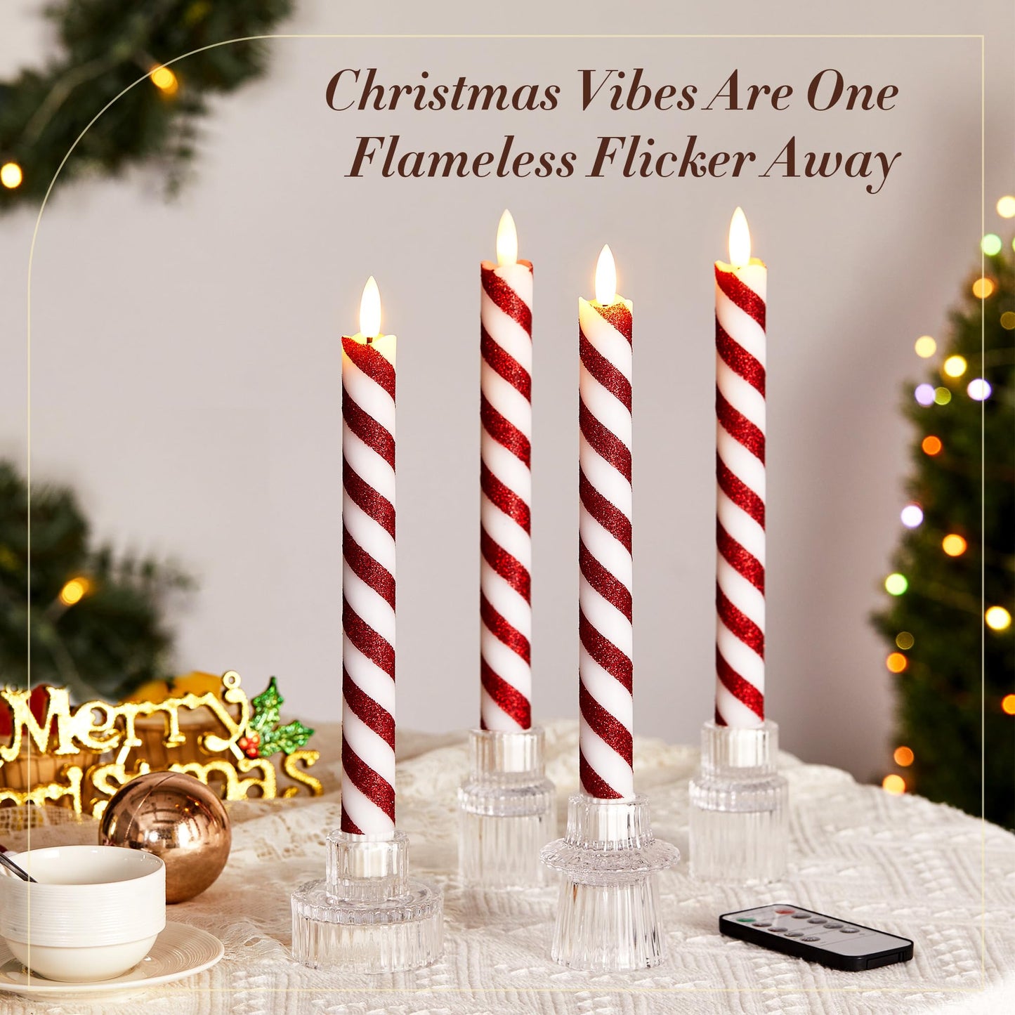 Velsyn 6 Pcs Christmas Flameless Taper Candles with Remote and Timer, 10 Inch Glitter Candy Cane Candles Battery Operated Christmas Candlesticks with LED Flickering Flame for Xmas Candy Cane Decor