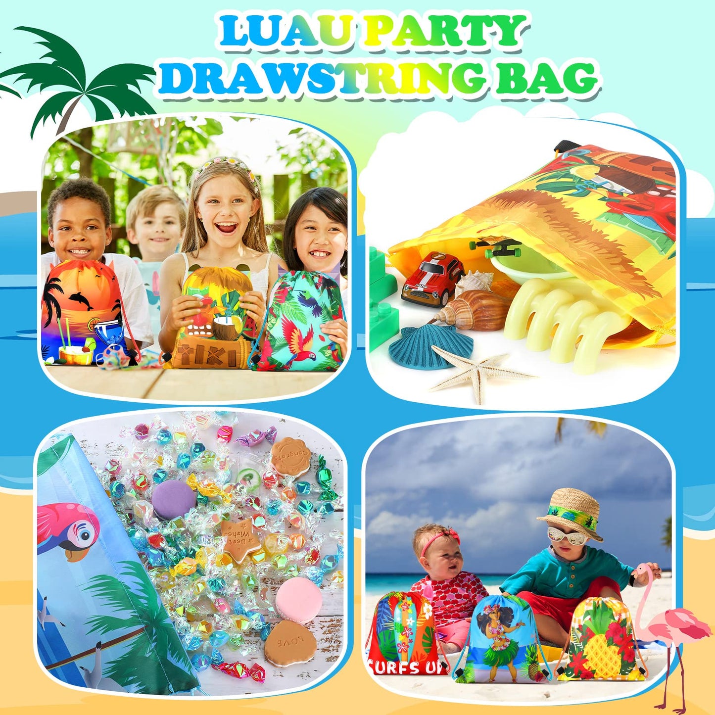 Marsui 24 Pcs Hawaiian Party Favor Drawstring Bags Gift Goodie Candy Favors Bags for Birthday Party Supplies