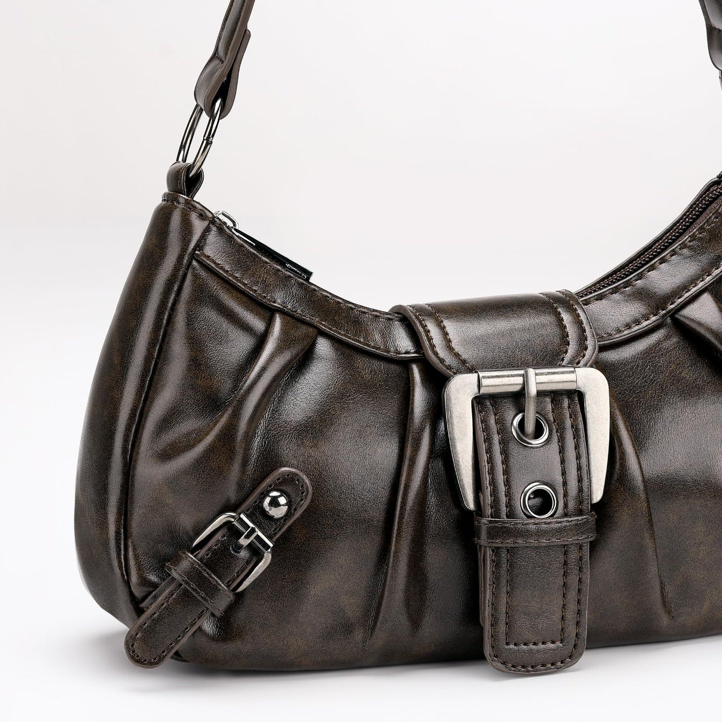 WantGor Women's Shoulder Bag Clutch Tote Bags Top Handle Purse Zipper Vintage Handbag Buckle Punk Hobo Purses Trendy Underarm Bag (Brown)