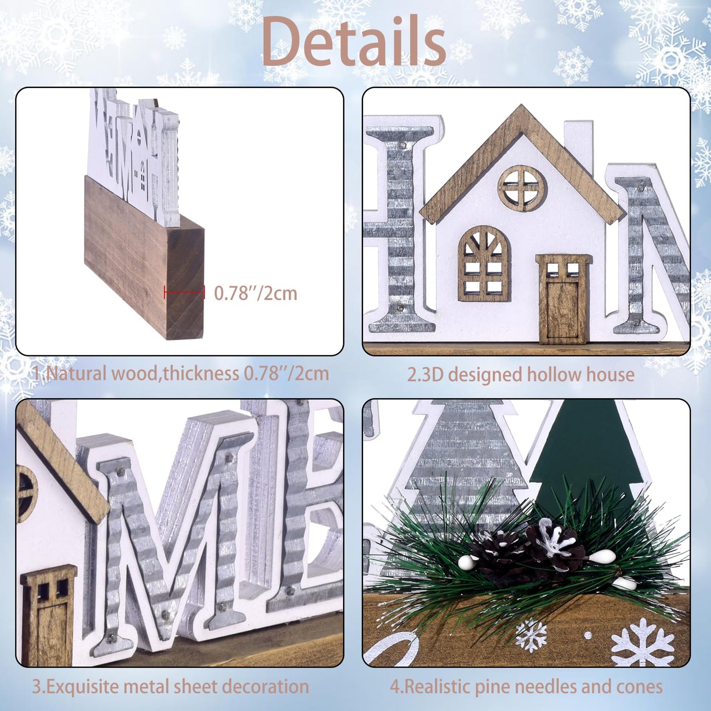Wooden Christmas Sign Blocks, HOME for the Holiday Quote Table Decor, Xmas Centerpiece Block Sign with Snowflake & Pine Tree, Office Desk Mantle Decoration (BROWN)