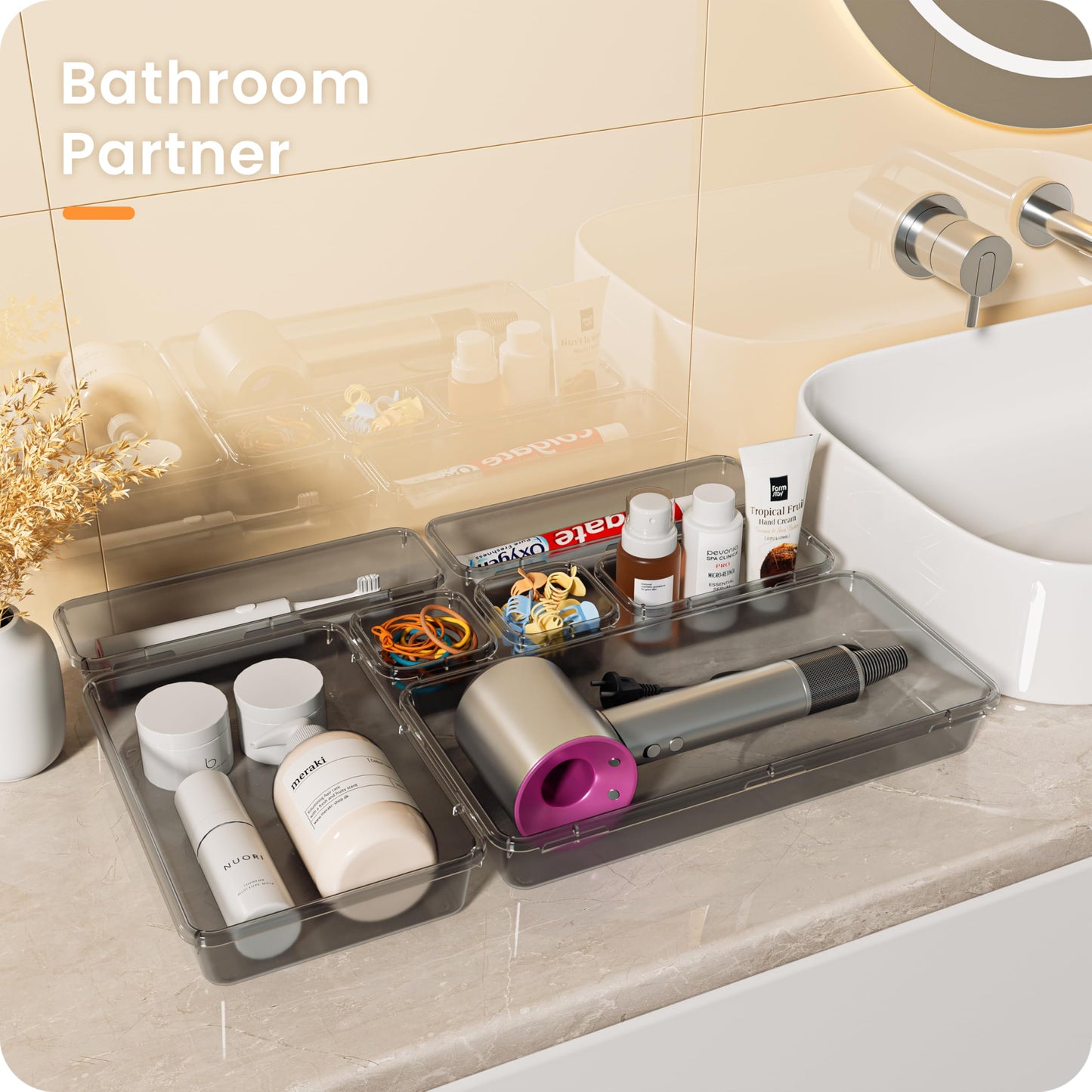 A-LuGei 【Military Grade】 Drawer Organizer, 【𝟱𝗦𝗶𝘇𝗲】 Clear Makeup organizer, 【Holds 177 Items】 Bathroom Organizers and Storage, Plastic Desk Organizer Divider, Organizer Bins for Office Vanity
