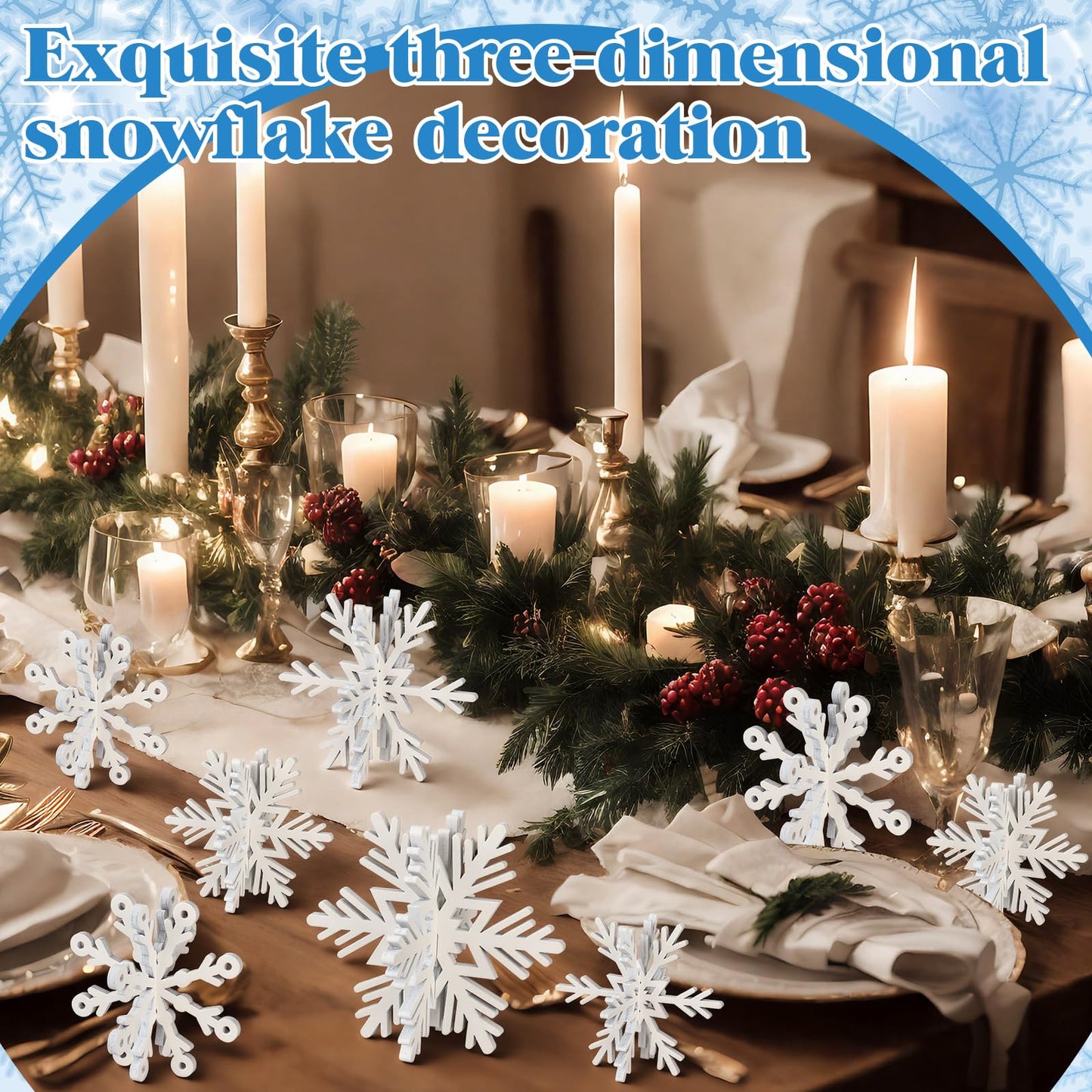 Blulu 24 Pcs Wooden Snowflake Decorations 3D White Snowflake Tabletop Signs and Centerpiece Winter Wooden Decor for Christmas Xmas Winter Decoration Home Party