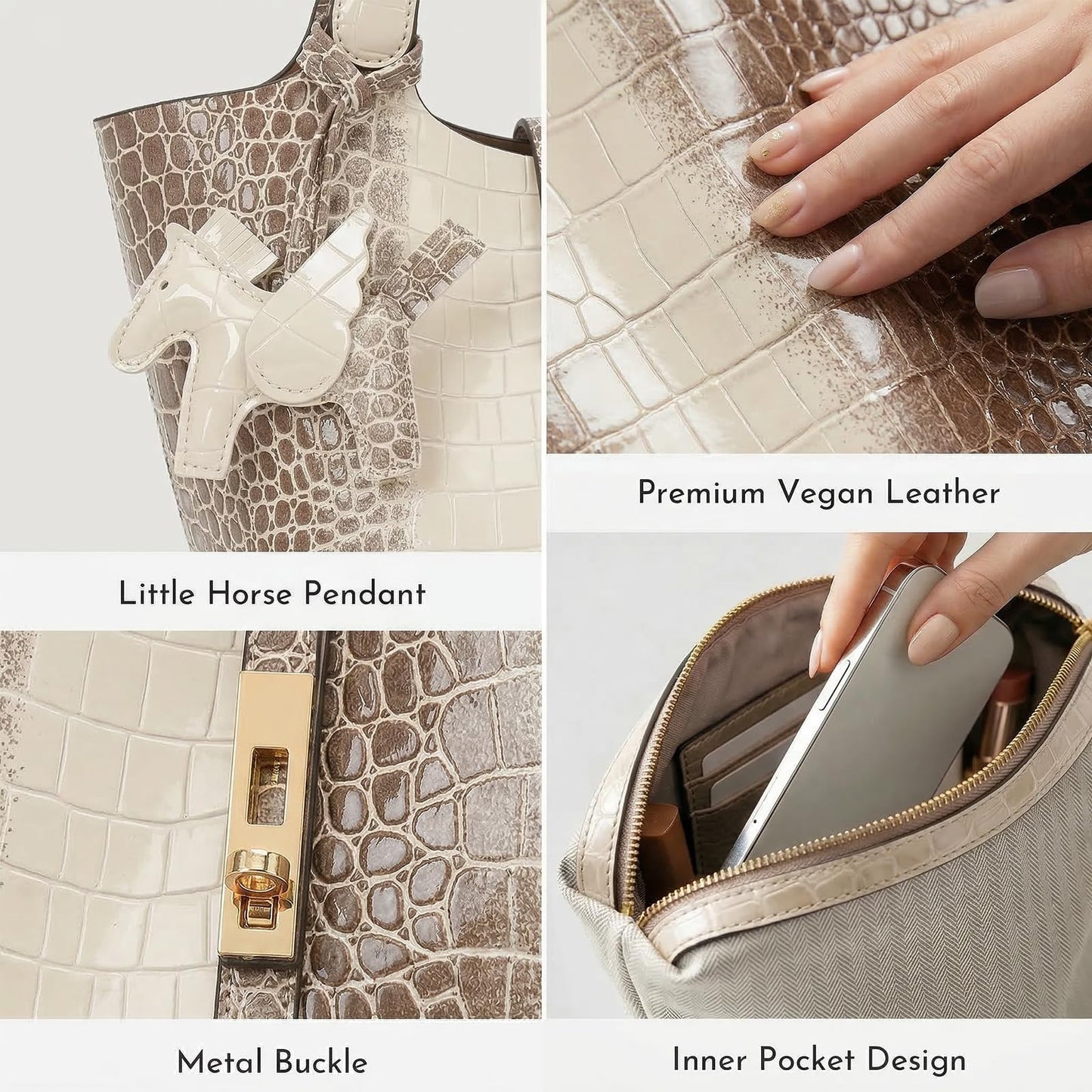 Jooniter Tote Bag for Women Vegan Leather Satchel Bags for Women Crocodile Pattern Bucket Bags Shoulder Handbag Purse Clutch Bags for Work Evening Apricot