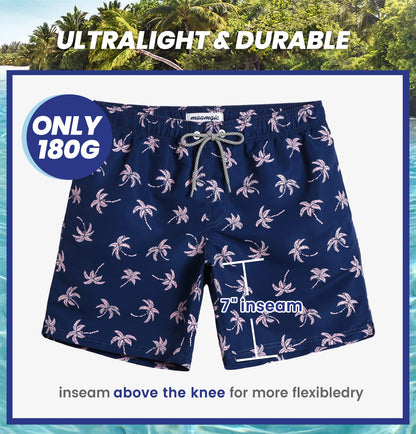 maamgic Mens Swim Trunks Quick Dry Swim Shorts with Mesh Lining Funny Swimwear Bathing Suits 7inch Navy Palm Large