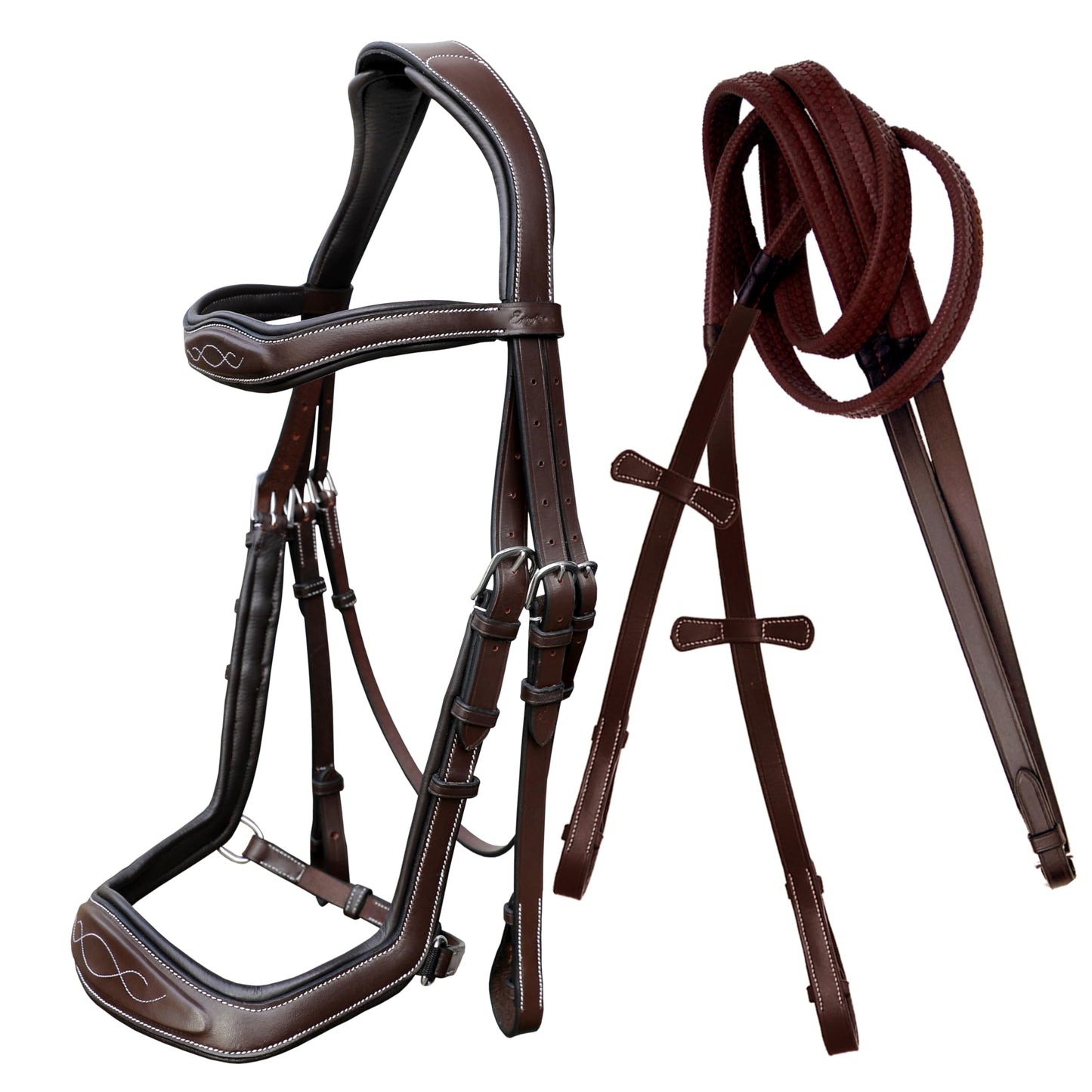 ExionPro Exion Anti-Pressure Anatomic English Jumping Leather Horse Padded Bridle with Reins- Havana Brown, Cob Size
