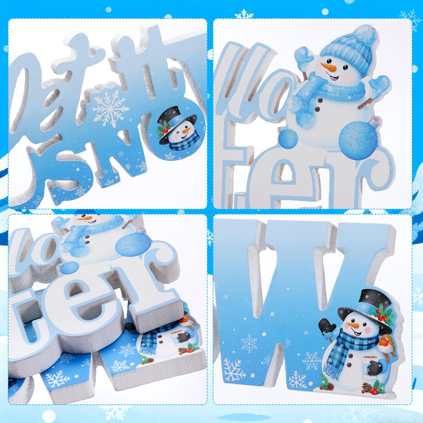 HOWAF 2pcs Wooden Winter Decor Signs, Let It Snow Tabletop Block Sign, Hello Winter Table Centerpiece, Snowflake Snowmen Ornaments for Winters Wonderland Decor Xmas Frozen Tiered Tray Decor