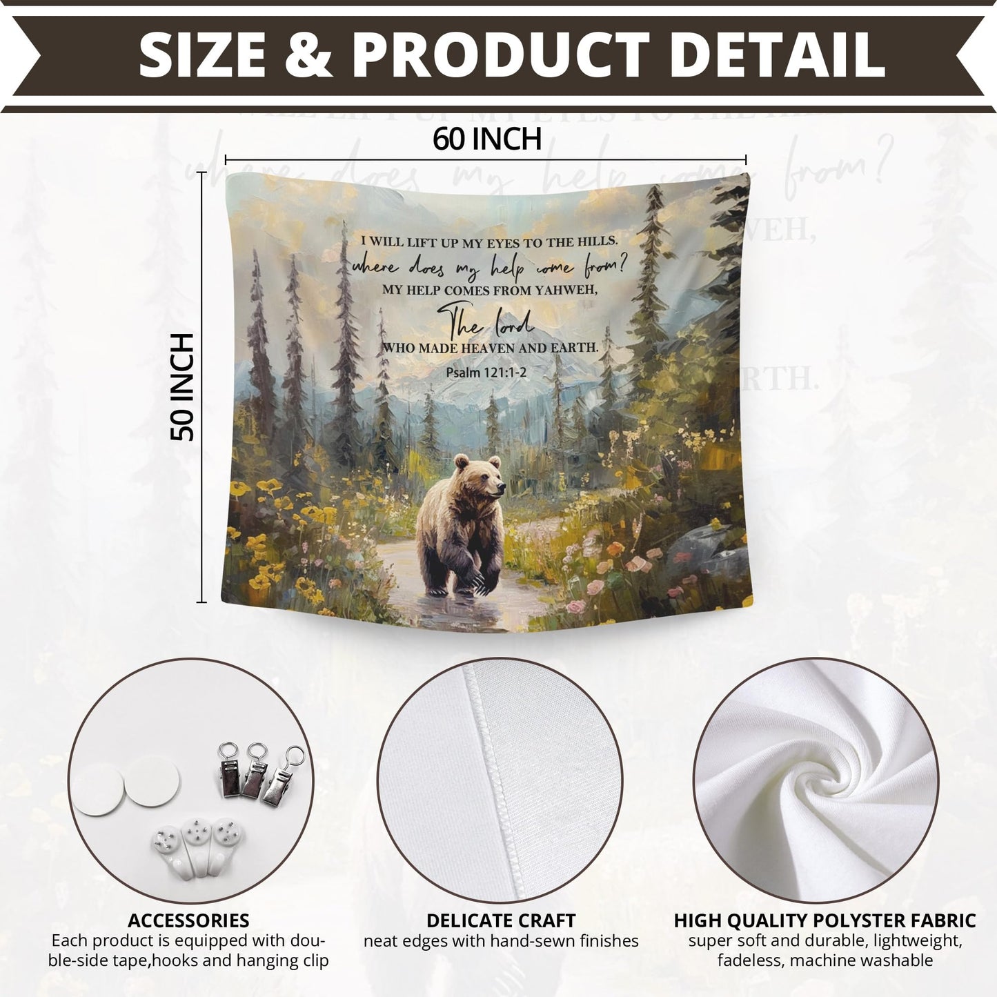 WAITPI Christian Woodland Mountain Hanging Wall Tapestry for Bedroom, Farmhouse Bear Forest Psalm 121:1-2 Bible Verse Scripture Wall Hanging Decor Tapestry for Home Living Room, 50x60in