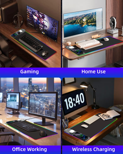 Wireless Charging Mouse Pad, RGB Gaming Mousepad, 31.5"x15.7" Extra Large Desk Pad, 13 Light Modes, Ultra-Smooth Surface, Non-Slip Base, Waterproof Computer Keyboard Mat for MacBook, PC, Laptop, Black