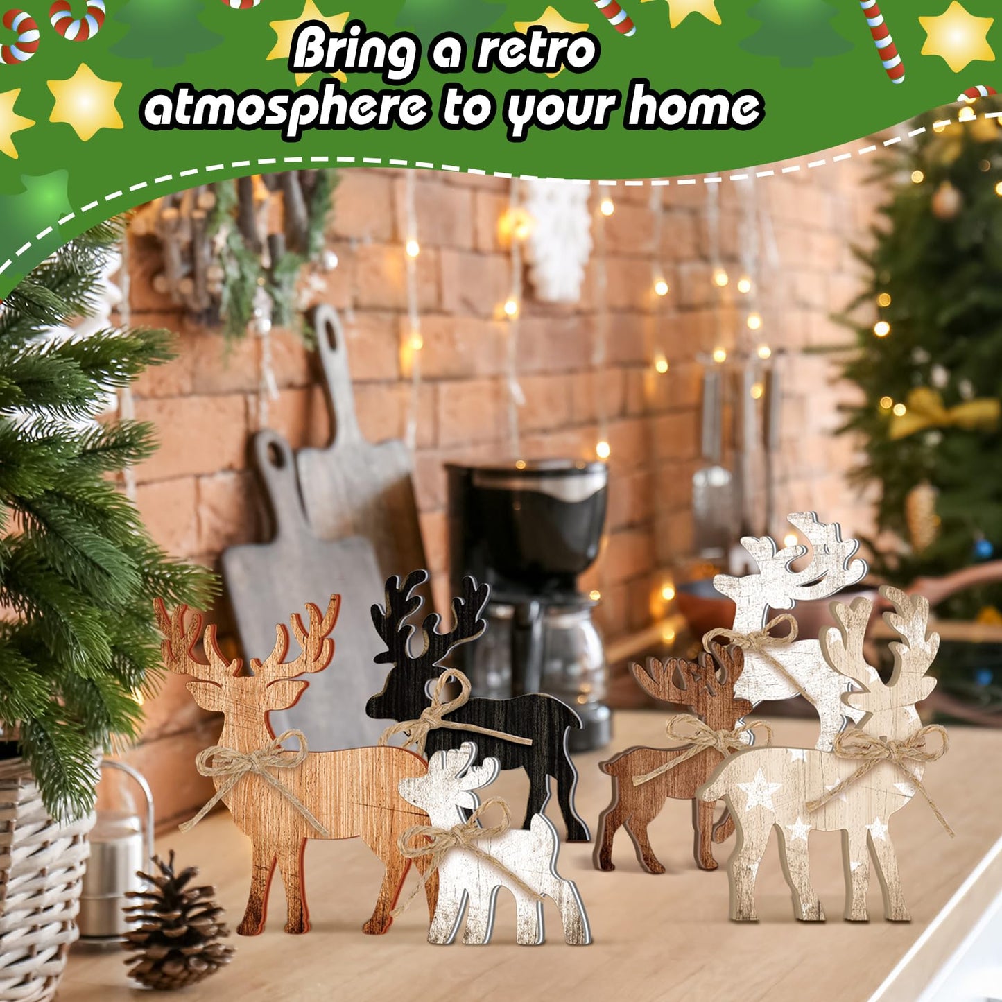Yuntau 6 Pcs Christmas Table Decoration Wooden Farmhouse Table Centerpieces Rustic Christmas Tree House Reindeer Elk Angel Snowflake Wooden Sign Block Tiered Tray Decor for Xmas Gifts(Elk)