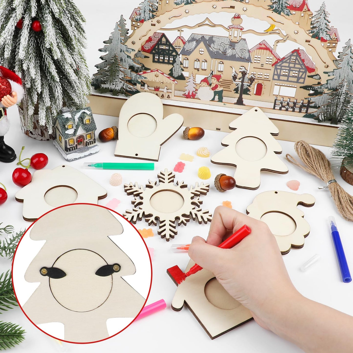 CCINEE 24Pack Christmas Wooden Photo Frame Ornaments DIY Unfinished Wood Picture Frame Ornaments with Pens Xmas Photo Ornament Frames Decor for Holiday Picture Frame Presents and Tree Decoration