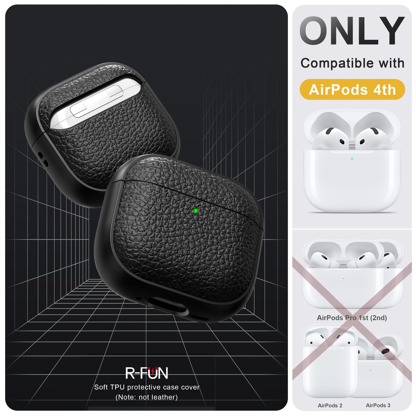 R-fun for Airpods 4 Case, Soft TPU (Leather-Like Design) Drop Protection Cover for Men and Women with Lanyard and Cleaner Kit, Compatible with Apple Latest Airpods 4th Gen(USB-C)(2024)-Black