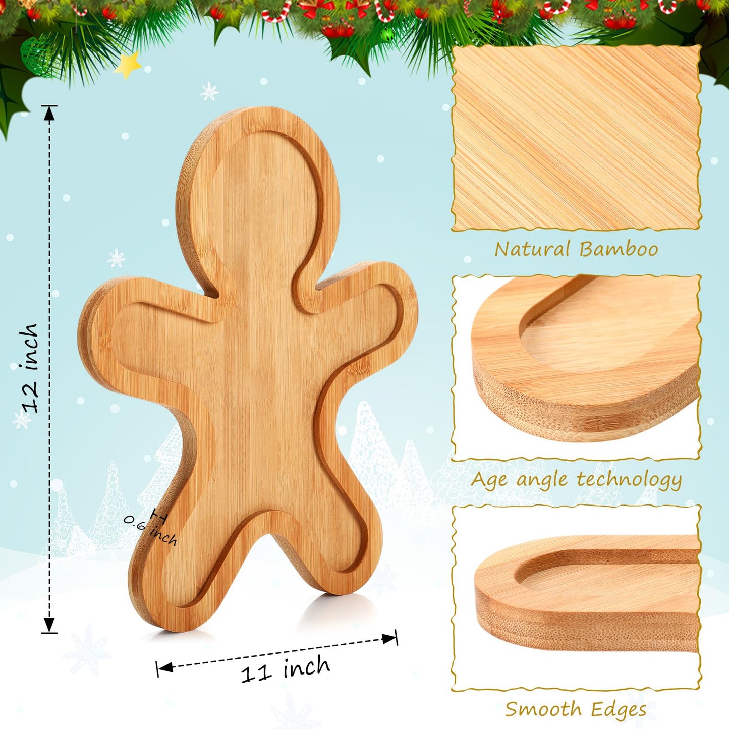 Suzile 4 Pcs Christmas Bamboo Serving Platter 15 x 9.8 Inch Reusable Bamboo Plates Wooden Charcuterie Tray Funny Charcuterie Board Tree Serving Dish for Fruit Bread Cheese Xmas Gifts (Gingerbread Man)