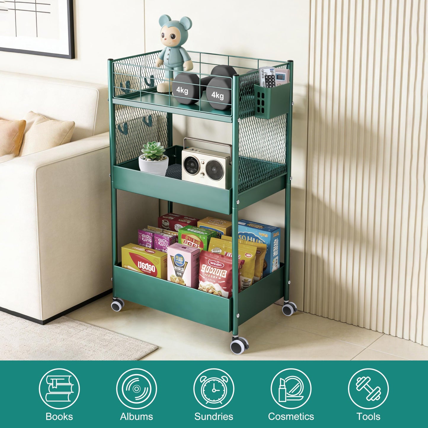 3-Tier Rolling Storage Cart Metal Utility Cart with Wheels, Office Organizer with Hanging Cups, Hooks, Book Snack Craft Mobile Shelving Unit for Office Kitchen Nursery