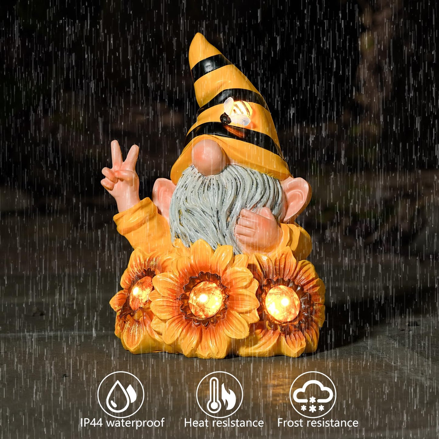 Joint Honglin Solar Garden Gnome Statue with Crystal Sunflower Lights - Outdoor Bee Gnome Figurine with Glowing Bee, Waterproof Resin Yard Art Decor for Patio, Lawn, Porch, Summer Gardening Gift