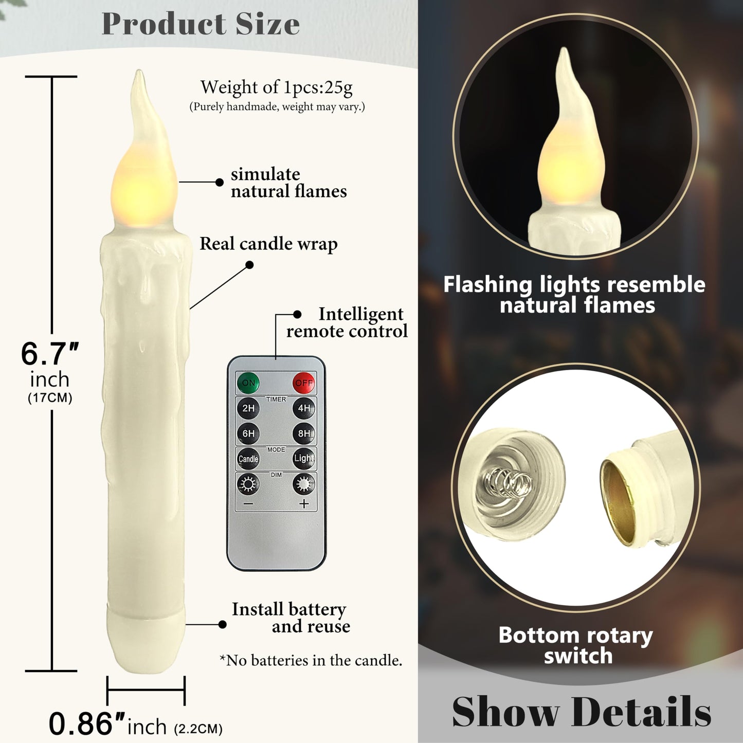 FCMSHAMD Ivory White Flameless Short Taper Candles, Real Wax Hand Dipped LED Battery Operated with Remote, Flickering Flame Lights for Festival Home Décor, 6.7 Inch Primitive Flameless Candles, 4PCS