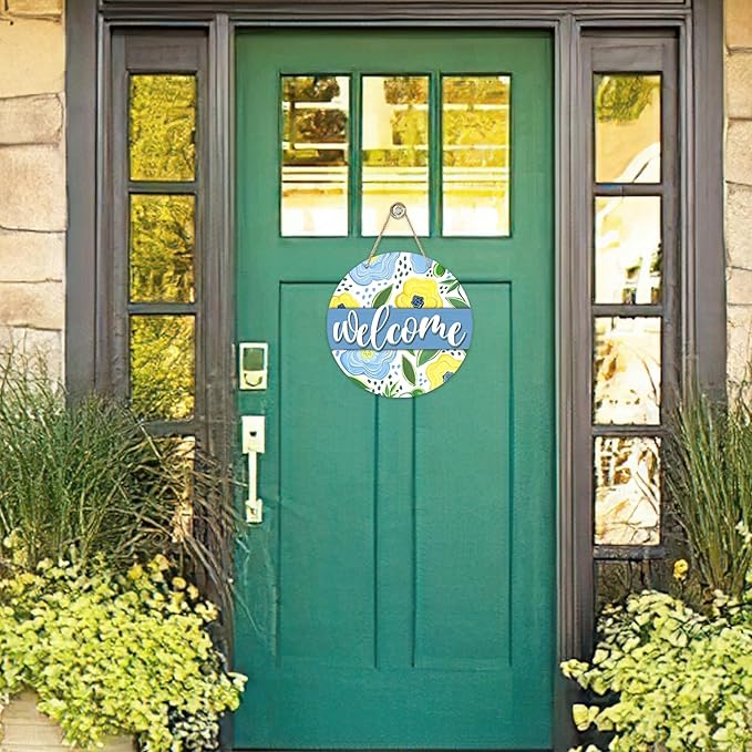 Welcome Spring Summer Flower Front Door Sign, Blue Yellow Floral Wood Door Hanger Outdoor Outside Porch Decor, Seasonal Farmhouse Wooden Wreath Indoor Wall Hanging Decoration