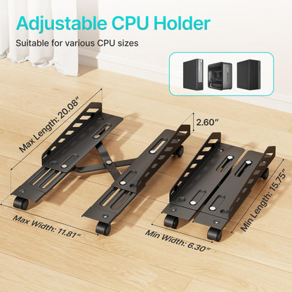 PEGZONE Adjustable PC Stand for Floor(400-510mm D, 160-300mm W), PC Tower Stand with 4 Caster Wheels, Ventilated Under Desk CPU Cart Holder for Office, Gamers, Black