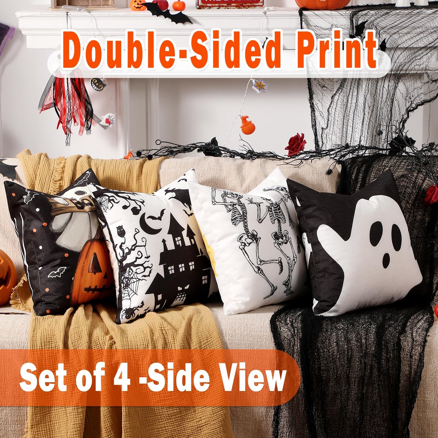 multiwins Halloween Decorations Set of 4 Double-Sided Print Ghost Pillow Covers 18" x 18", with 8 Cute Halloween Decor Patterns, Soft Linen Throw Pillow Covers for Outdoor & Indoor Use