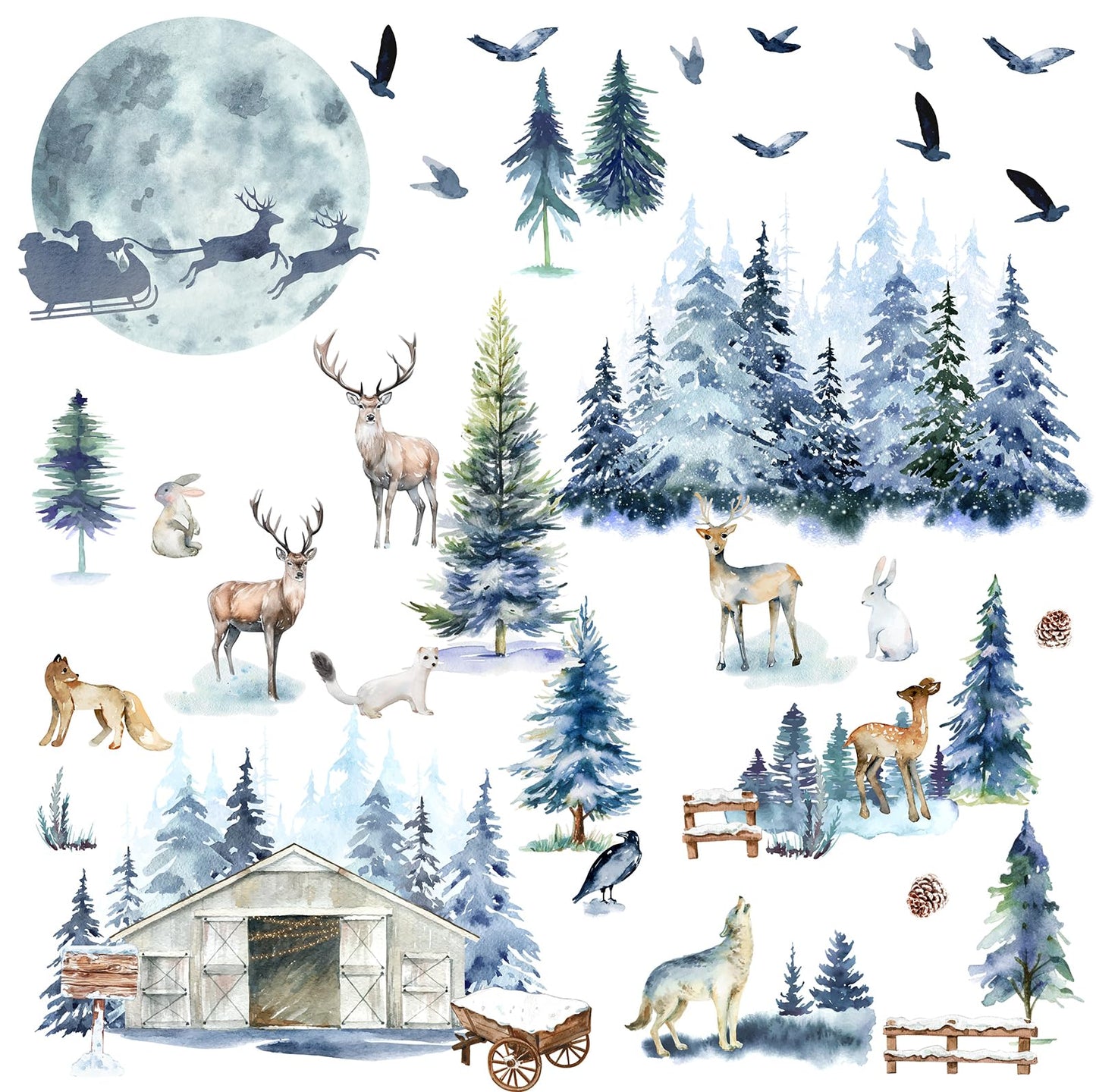 Winter Tree Wall Stickers Forest Animal Wall Decals Removable Woodland Tree Animal Wall Stickers Christmas Winter Pine Wall Decal Xmas Elk Santa Claus Christmas Moon Window Wall Decal