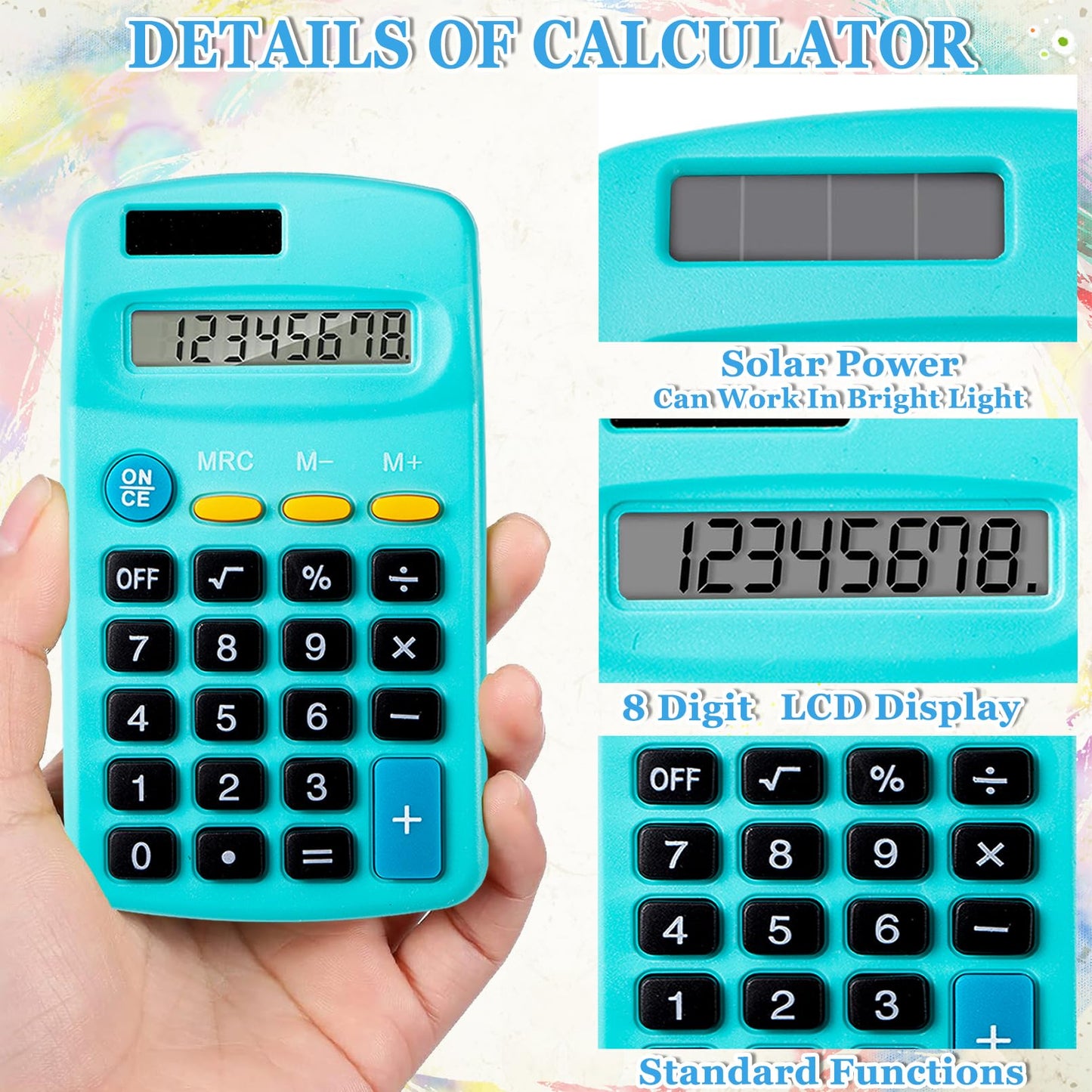 IJRPLM 18 Pack Mini Pocket Calculators, Solar & Battery Power, 8 Digit Display, Bulk for Students, Kids, School, Home, Office (9 Colors)