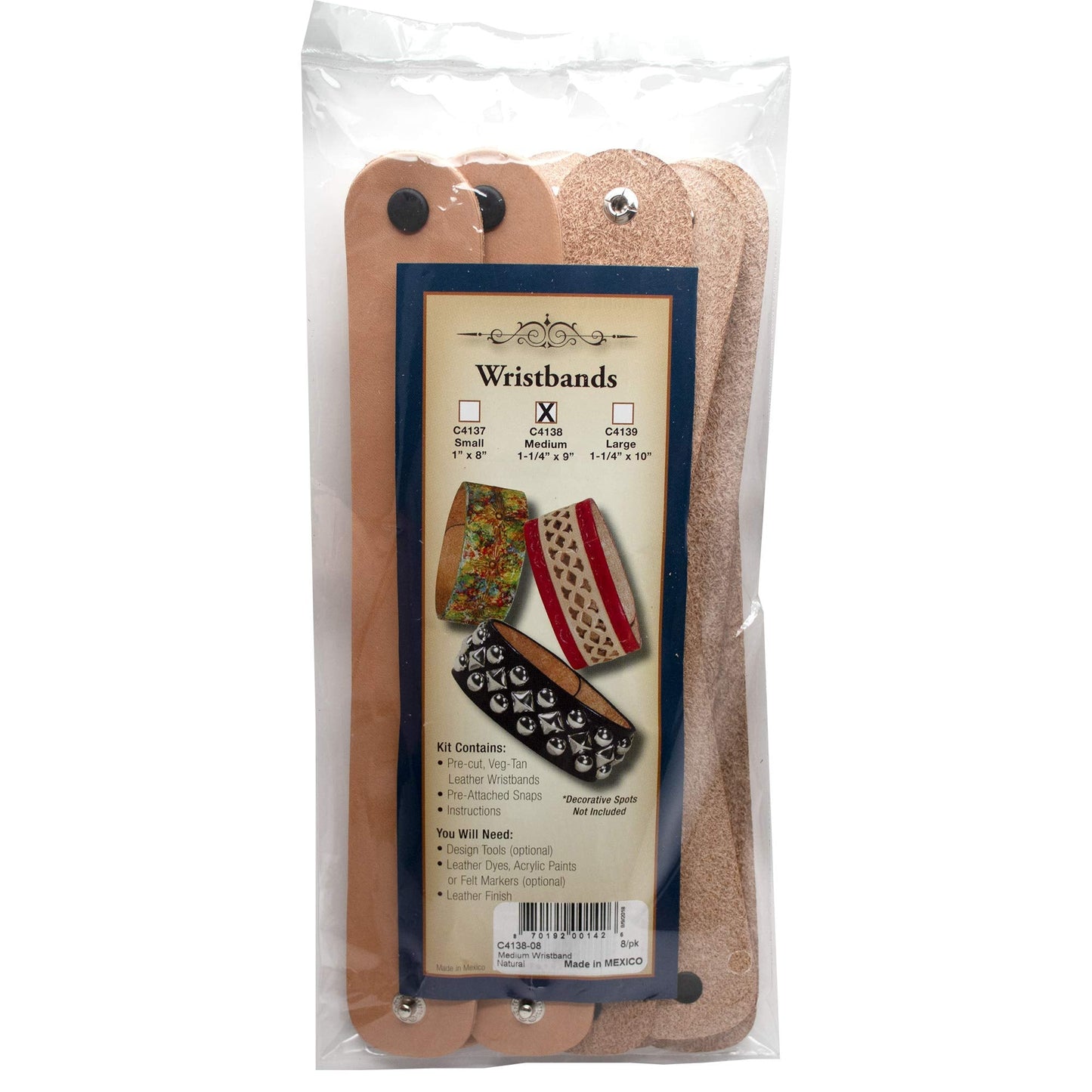 Realeather C4138-08 Medium Leather Wristbands with Snap Closure, Medium, Natural, 8-Pack
