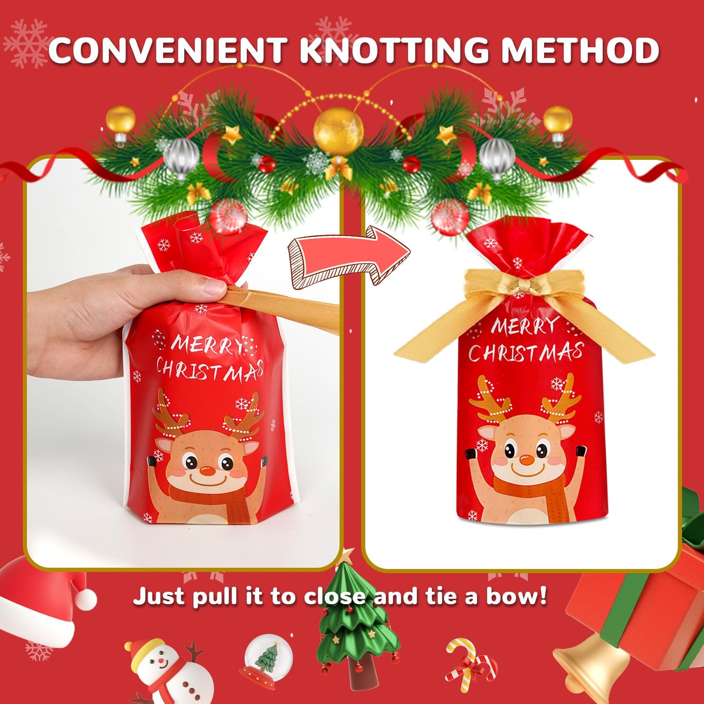 DLY 50 Pcs Christmas Candy Bag Treat Bags Candy Goodies Plastic Drawstring Gift Bags Merry Christmas Treat Bags for Birthday Party Snack