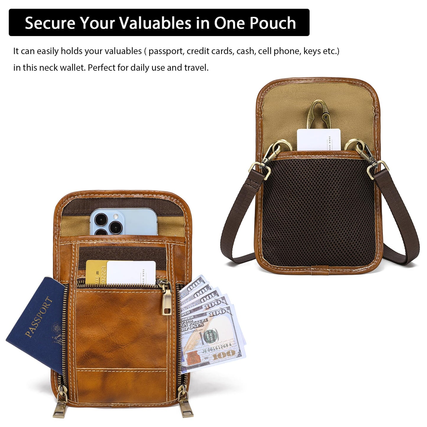 LANNSYNE Full Grain Leather Travel Wallet, Leather Cell Phone Belt Bag, Waist Pack Pouch, Neck Wallet Travel Pouch and Passport Holder for Men and Women Keep Valuables Safe