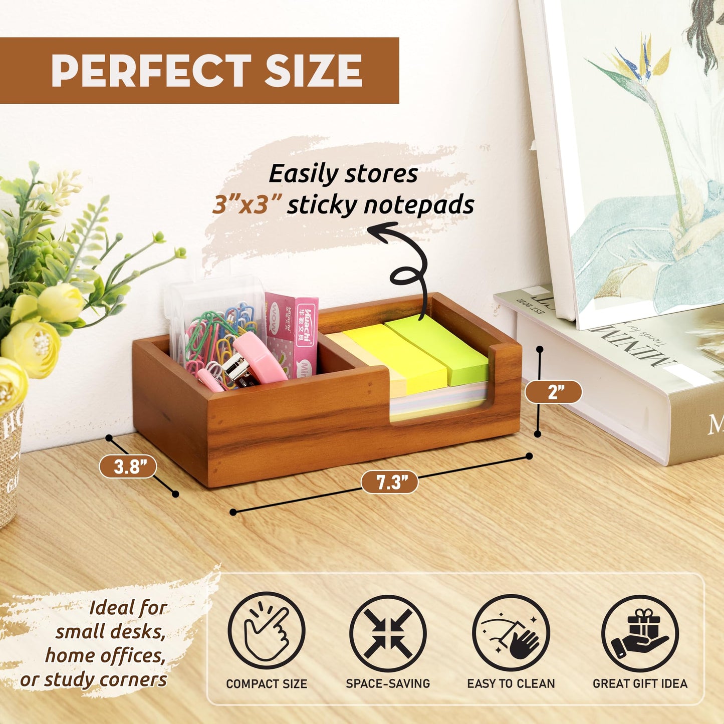 Demigo Wooden Sticky Note Holder for Desk – Solid Acacia Wood Organizer for 3x3 Note Pads, Paper Clips, Office Supplies – Compact Memo Pad Holder for Home Office, Teachers
