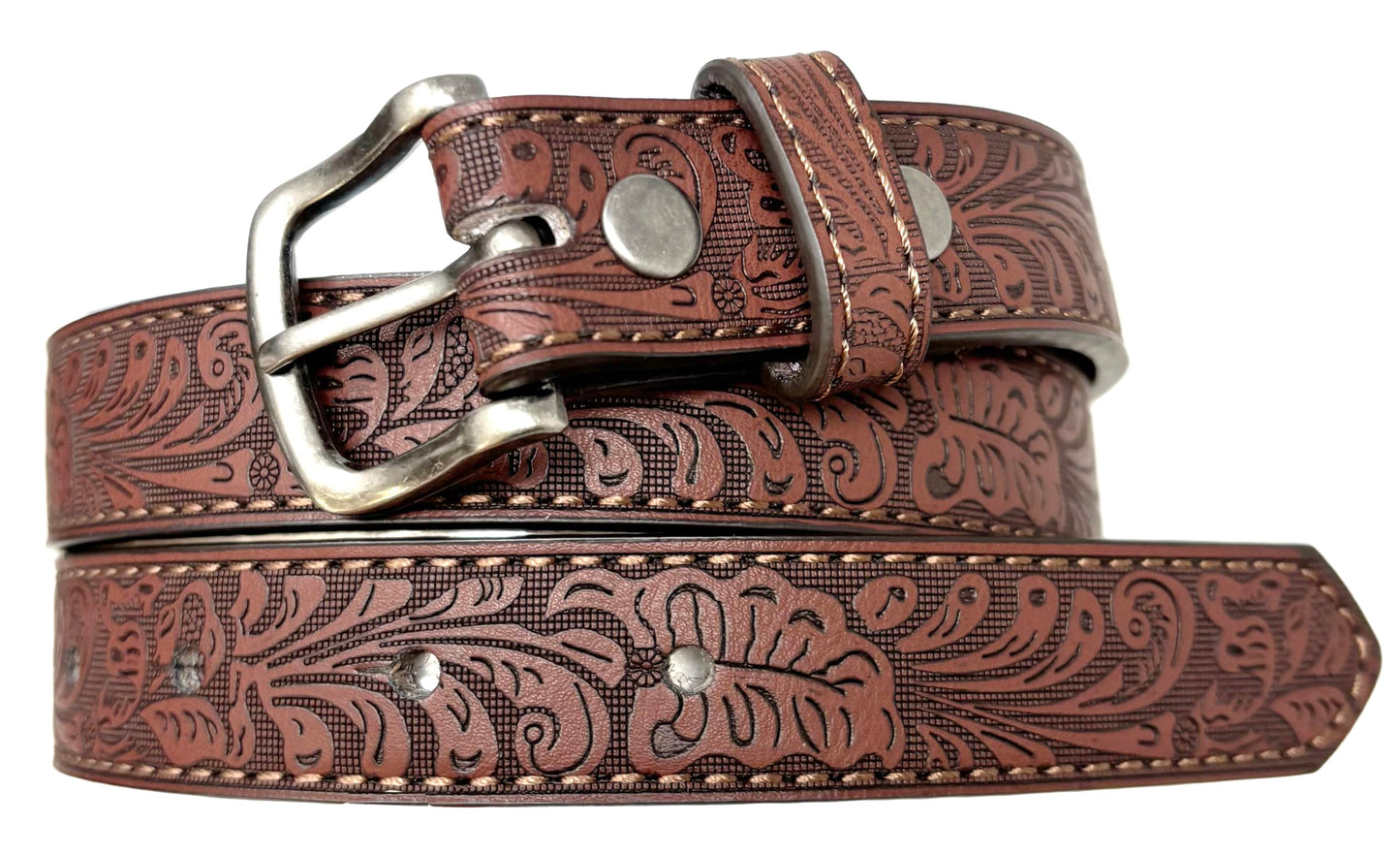 BC Belts Western Kids Leather Belt Strap and Metal Buckle 1" Wide with Snaps - Embossed Western Scrollwork Cowboy Country (Brown-S)