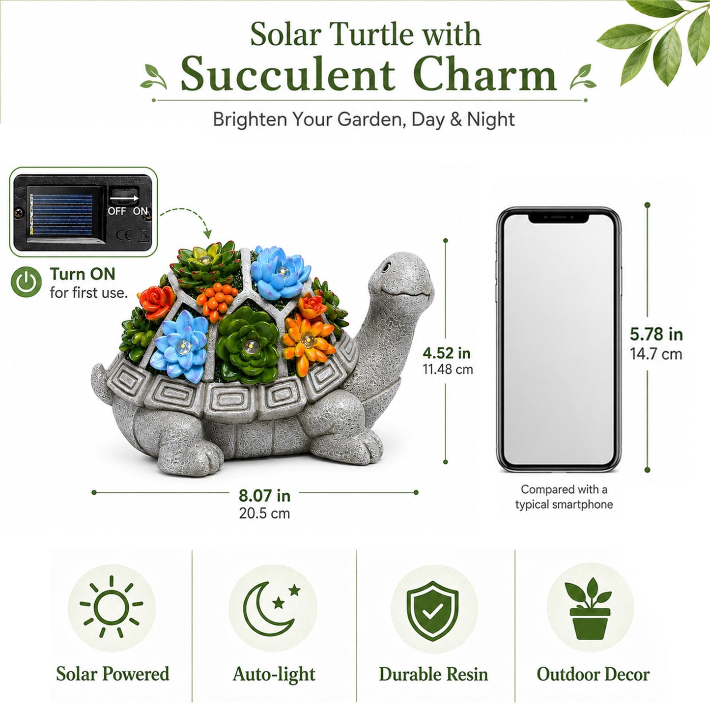 Nacome Solar Garden Outdoor Statues Turtle with Succulent and 7 LED Lights - Lawn Decor Statue for Patio, Balcony, Yard Ornament - Gifts for Mom Grandma Women