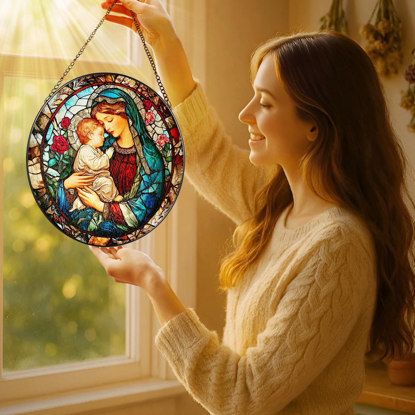 8 Inch Virgin Mary Stained Glass Suncatcher, Stained Glass Window Hanging, Christian Window Hanging Decor, Suncatchers for Windows Door Home Decor and Christmas, Christian Gift, Religious Gift