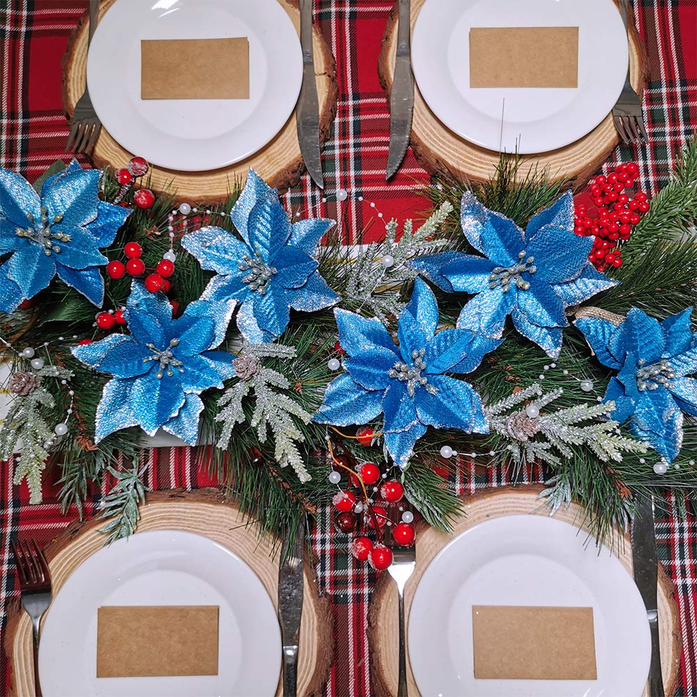 24 Set Christmas Blue Glitter Poinsettia Flowers Picks Christmas Tree Ornaments for Winter Blue Teal Christmas Tree Wreaths Garland Holiday Seasonal Wedding Decorations White Gift Box Included