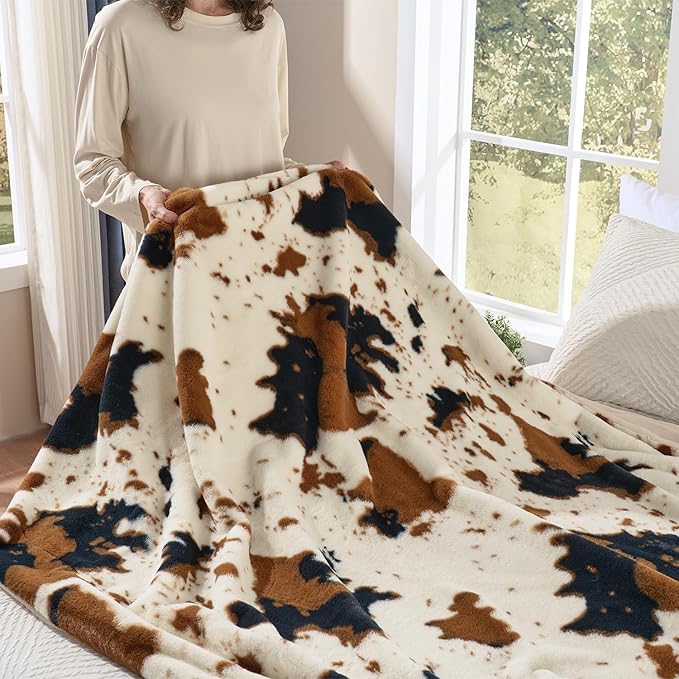 Krifey Faux Fur Blanket for Dorm Bed, Soft Couch Throw, Cozy Fuzzy Plush Thick Warm Blanket, Faux Rabbit Fleece, Christmas Birthday Gifts for Girls Women Mom Men, Room Decor, Animal Cow Print, 60x80in
