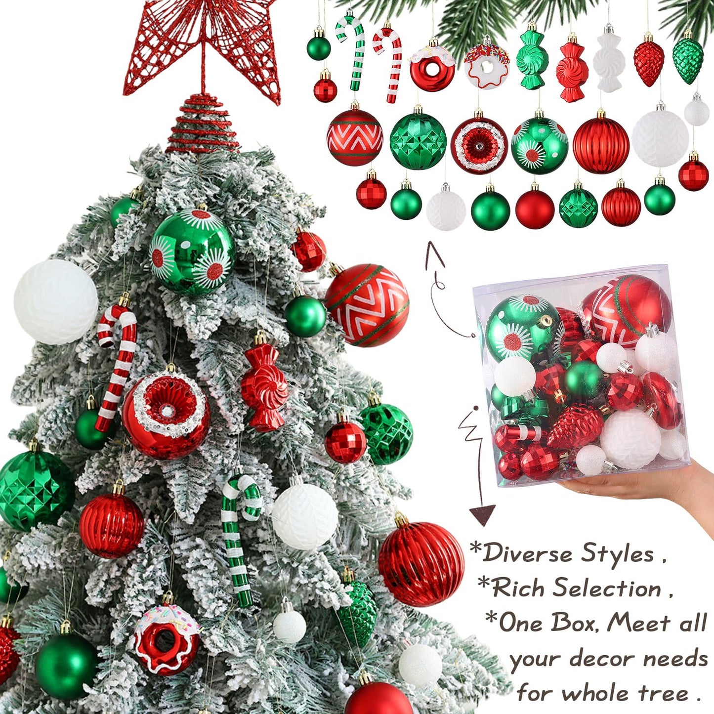 56Pcs 21Styles Christmas Balls Hanging Ornaments Set,Red Green and White Assorted Shatterproof Plastic Christmas Balls Baubles with Candy Canes,Donuts for Xmas Tree Holiday Home Party Decorations