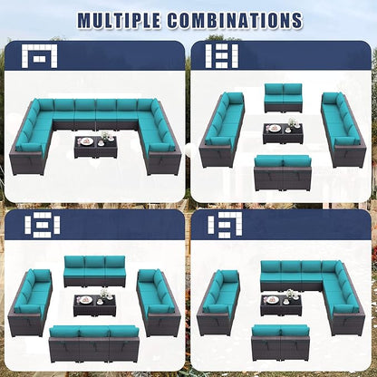 Kurapika 14 Pieces Patio Furniture Set, Rattan Wicker Outdoor Conversation Sets w/4 Inch Cushion and Glass Coffee Table(Blue)