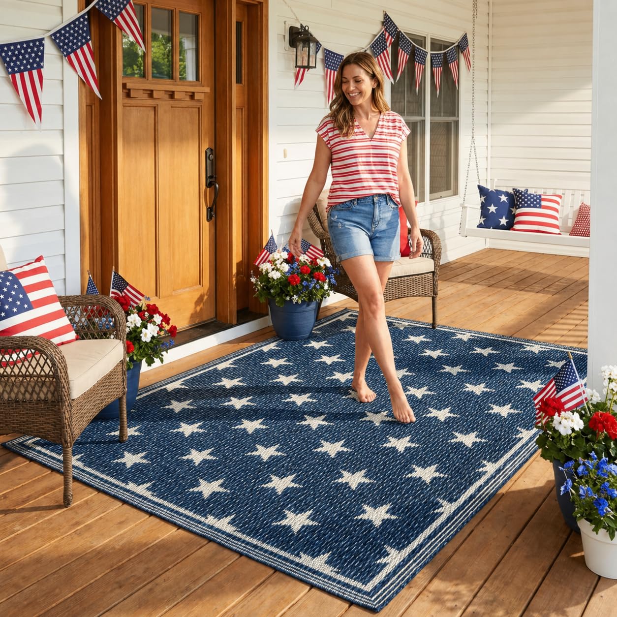 3x5ft Patriotic Outdoor Rug Waterproof Plastic Straw Patio Mat Reversible Red White and Blue Striped Area Rug for Camping RV Porch Deck Backyard 4th of July Independence Day Decorations(Star)